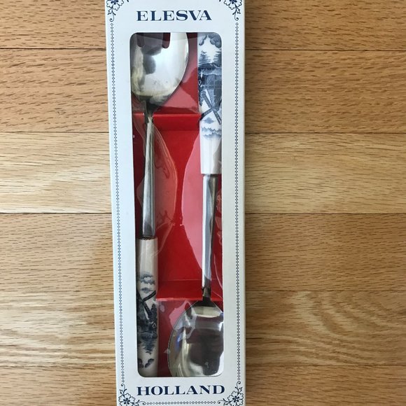 Elesva Amsterdam Holland Salad Serving Set Blue and White Handles - Picture 2 of 8